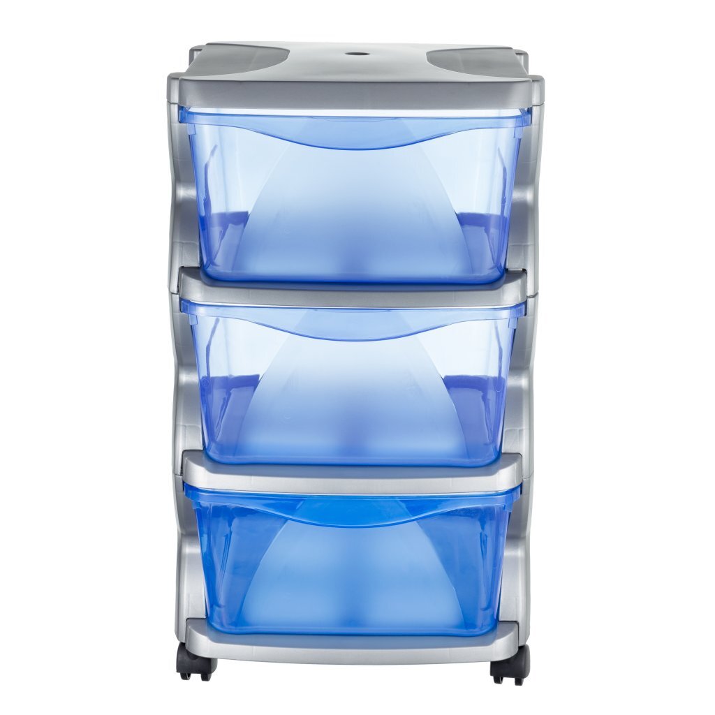 Zásuvkový systém Bama Insieme s kolieskami, 3 zásuvky, 36x40x62 cm, strieborná/modrá/priehľadná