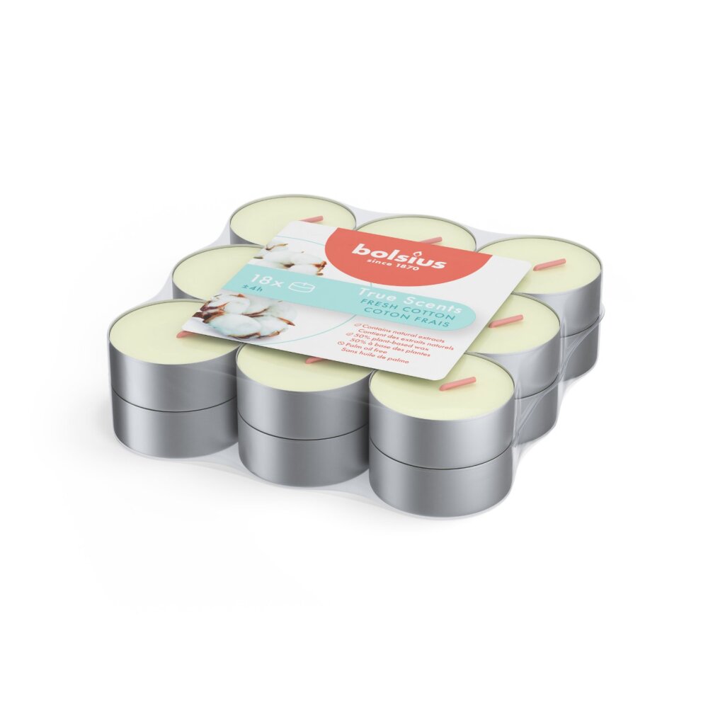 Čajové sviečky Bolsius True Scents s vôňou sviežej bavlny, 18 kusov
