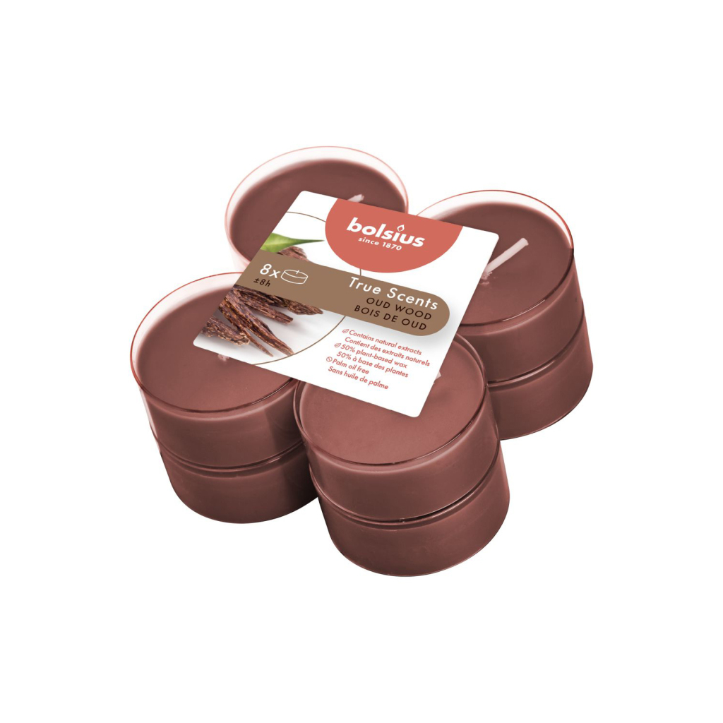 Bolsius True Scents Vôňa čajových sviečok Oud Wood, doba horenia 8 hodín, 8 kusov
