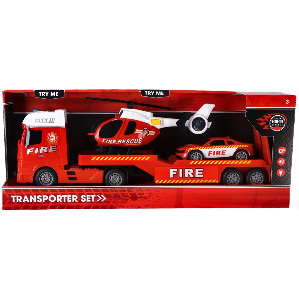 Hasičský transportér Rapid Wheels + auto a vrtuľník + svetlo a zvuk