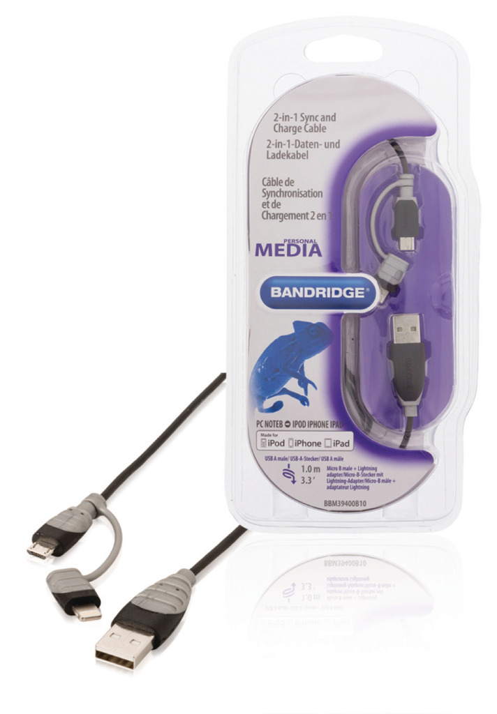 Bandridge BBM39400B10 2-v-1 dátový a nabíjací kábel USB Micro-B samec + adaptér Lightning - A samec 1,00 m čierny
