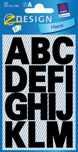 Etikety s písmenami Avery AV-3784, 2 listy, vodeodolné, čierne, 10 sád po 2 listy