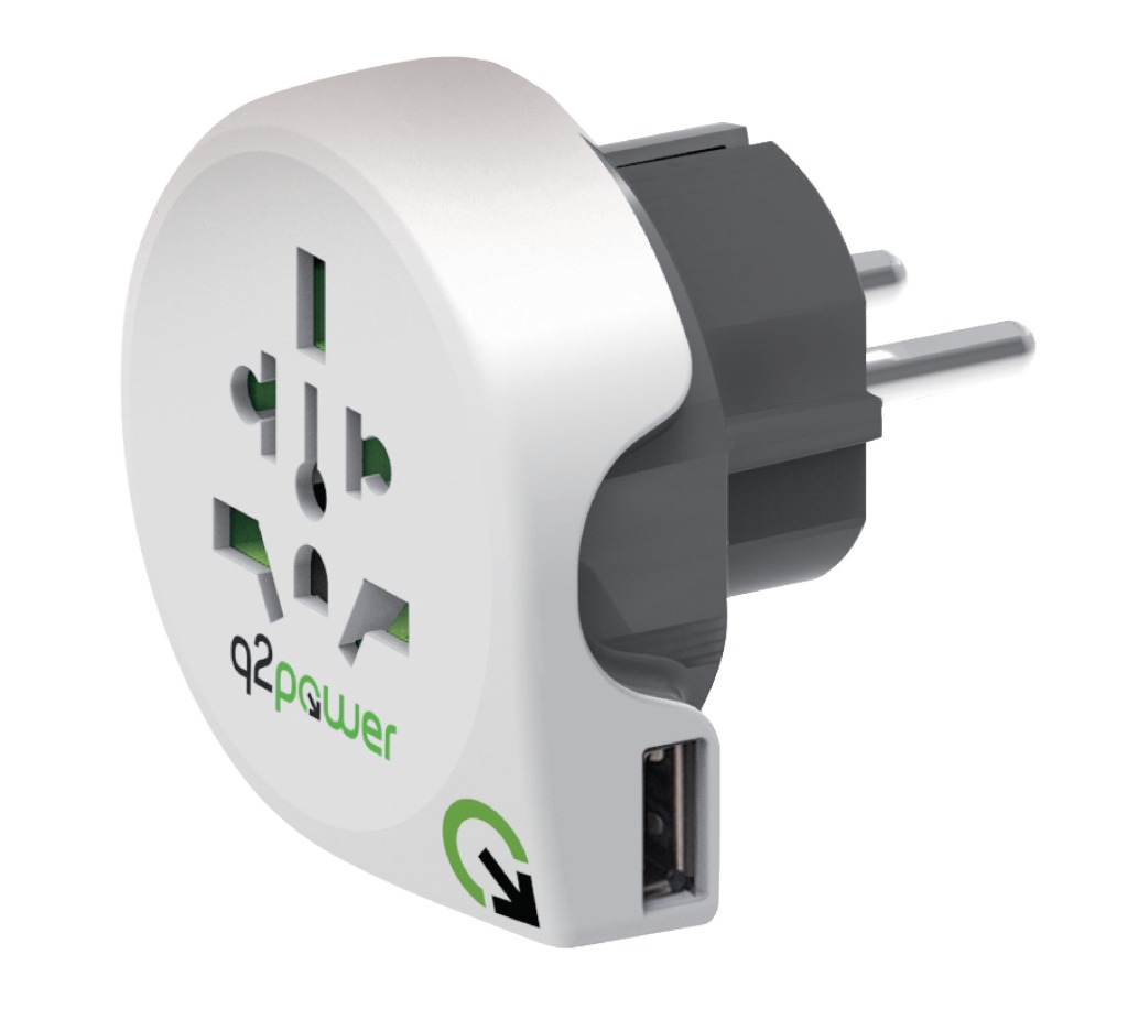 Cestovný adaptér Q2 Power 1.100110, USB uzemnený, zo sveta do Európy