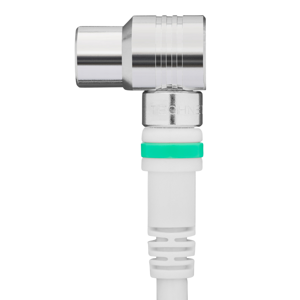 Koaxiálny kábel Technetix TN-RLA 21-1.5S, samec-samica, uhlový 90°, 1.5 m, biely/strieborný