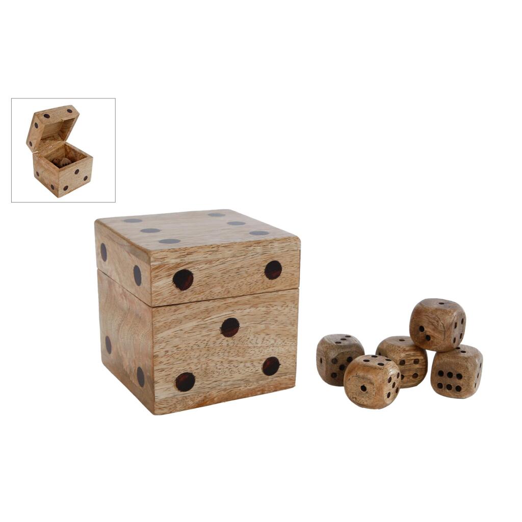 Drevená krabička na kocky Mago s 5 kockami 9x9x9 cm