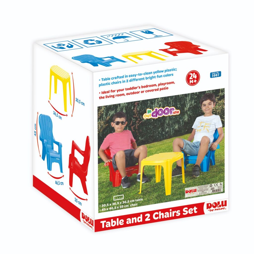 Stôl Dolu s 2 stoličkami modrý/červený/žltý