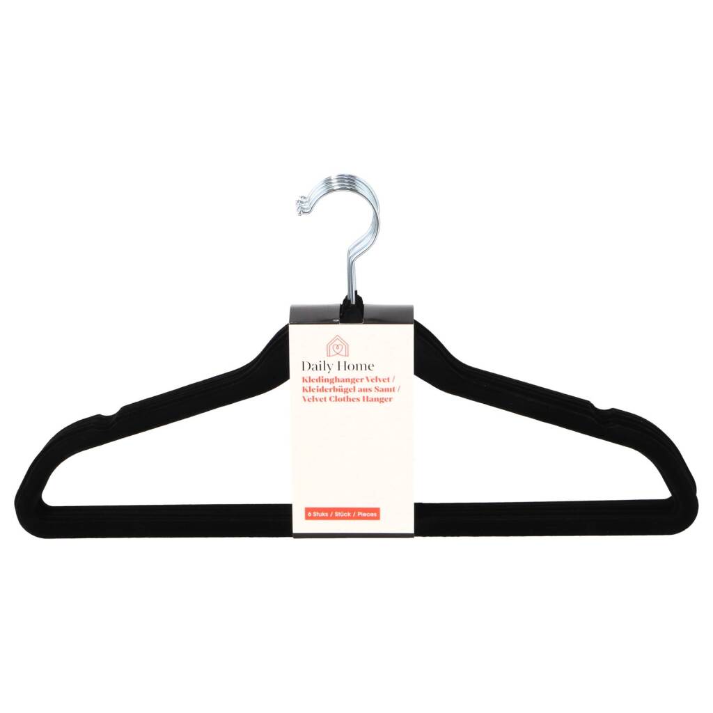 Zamatové vešiaky na oblečenie Daily Home, 6 kusov, čierne