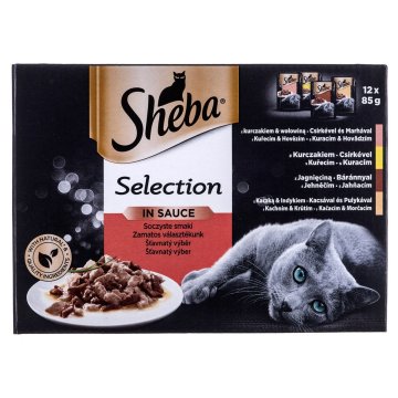 Krmivo pre mačky Sheba Selection in Sauce Kurča Páv Teľacie mäso Baránok 85 g