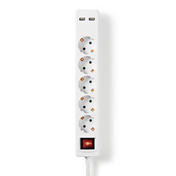 Nedis EXSO515UFSWT Power strip5-way Schuko 2x USB 1,5 M tlačidlo zapnutia/vypnutia biele